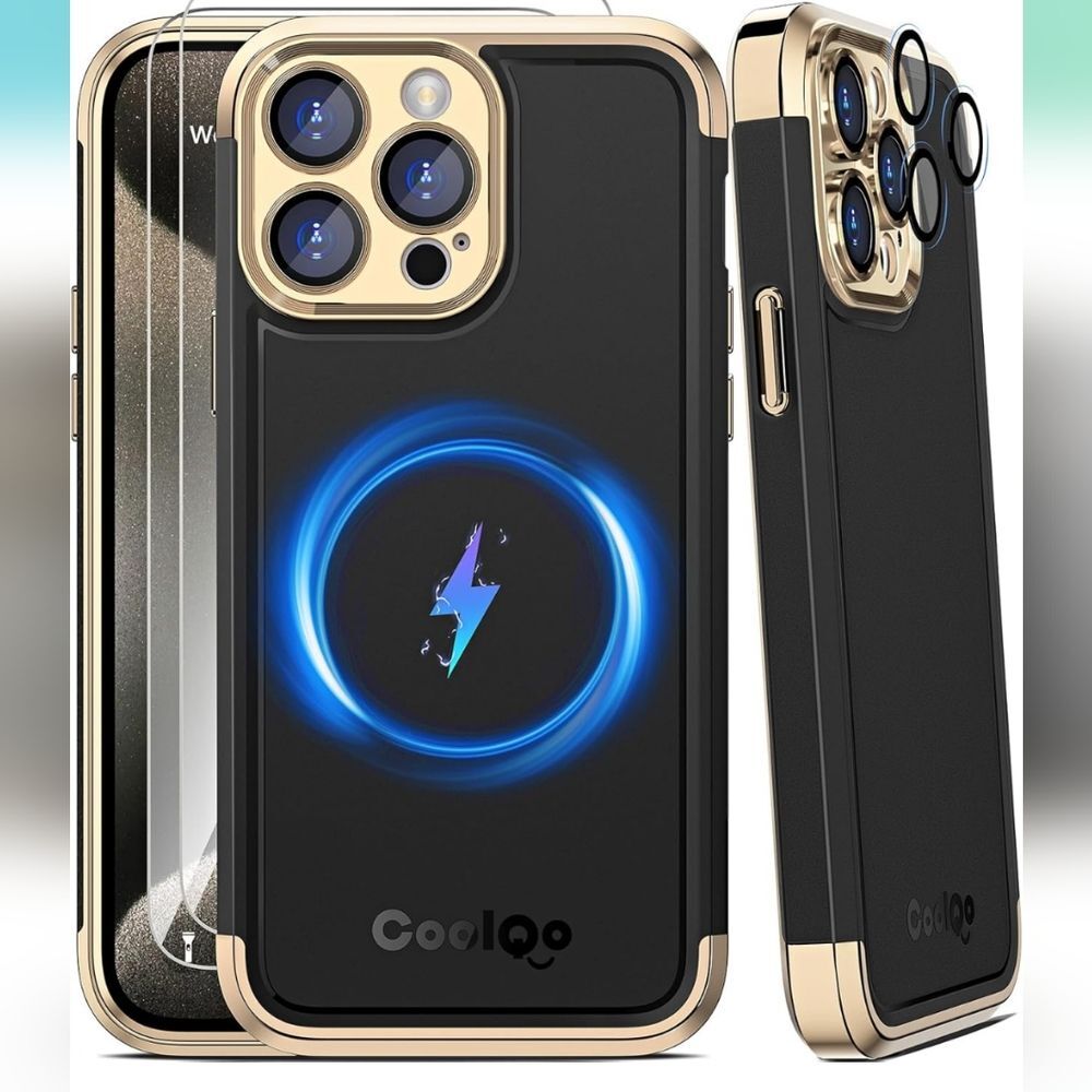 Coolqo IPhone 15 Pro Black and Gold Phone Case